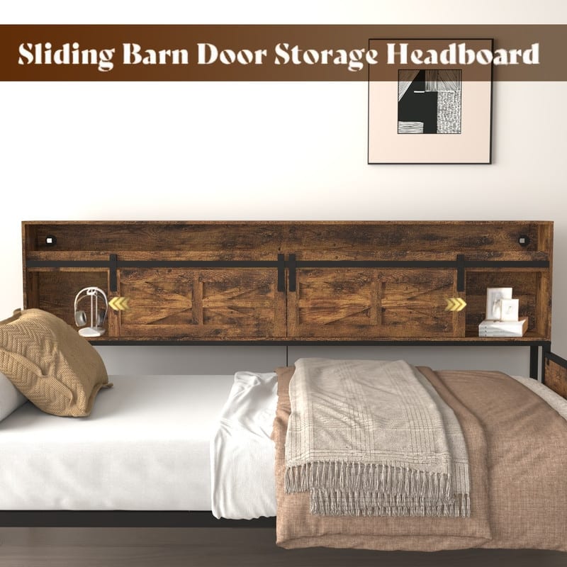 Rustic Brown Farmhouse Twin Daybed With Trundle - Sliding Barn Door Headboard, Built-In Charging Station & LED Lighting