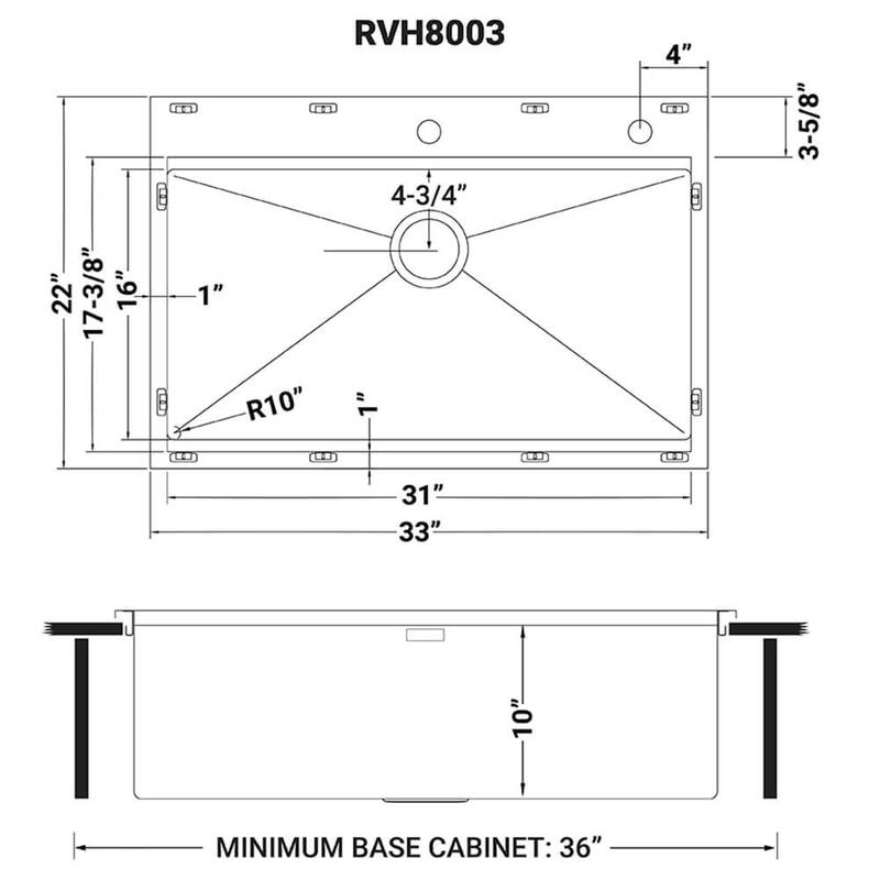 Ruvati 33 x 22 inch Workstation Ledge Drop-in Topmount Kitchen Sink 16 Gauge Stainless Steel Single Bowl - RVH8003 - 33" x 22"