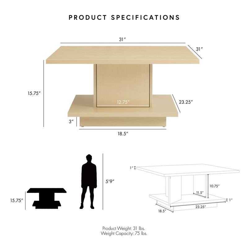 Ross Modern Square Coffee Table with Wrap Around Base Shelf and Hidden Storage by Strick & Bolton