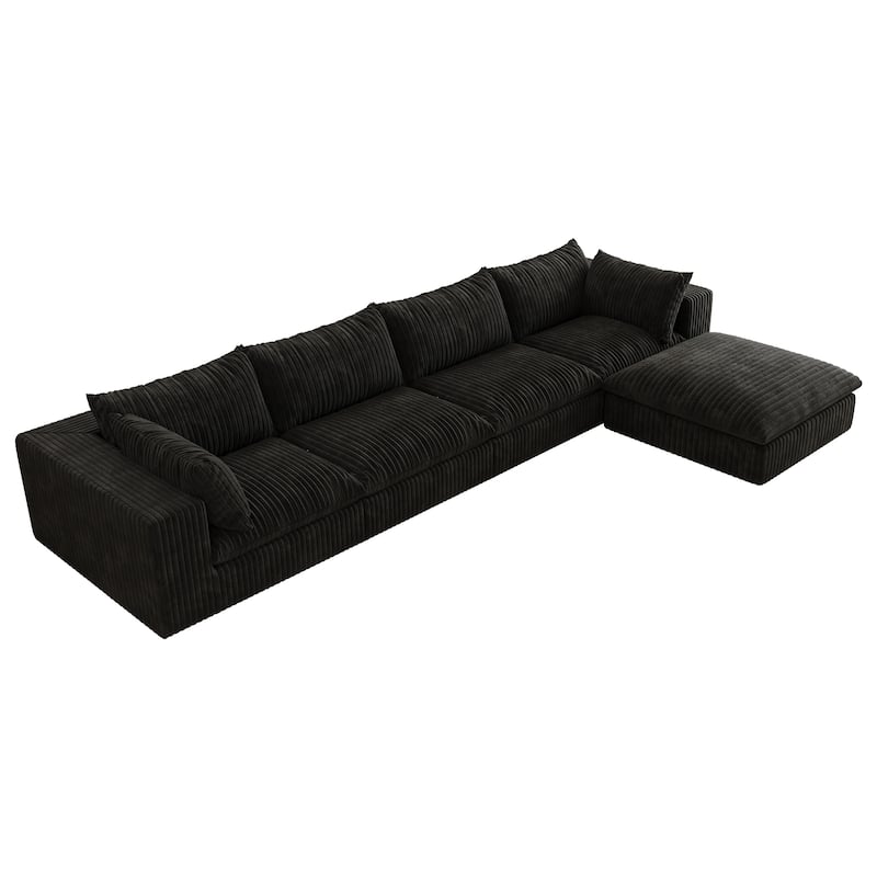 Corduroy L-shaped Sectional Sofa with Chaise Lounge, Deep Seat Modular Couch with Ottoman and Double-layer Seat Cushions