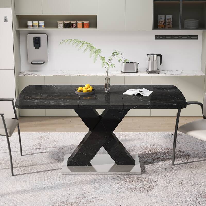 Modern Square Dining Table, Stretchable, White Table Top+MDF X-Shape Black and White Color Table Leg with Metal Base