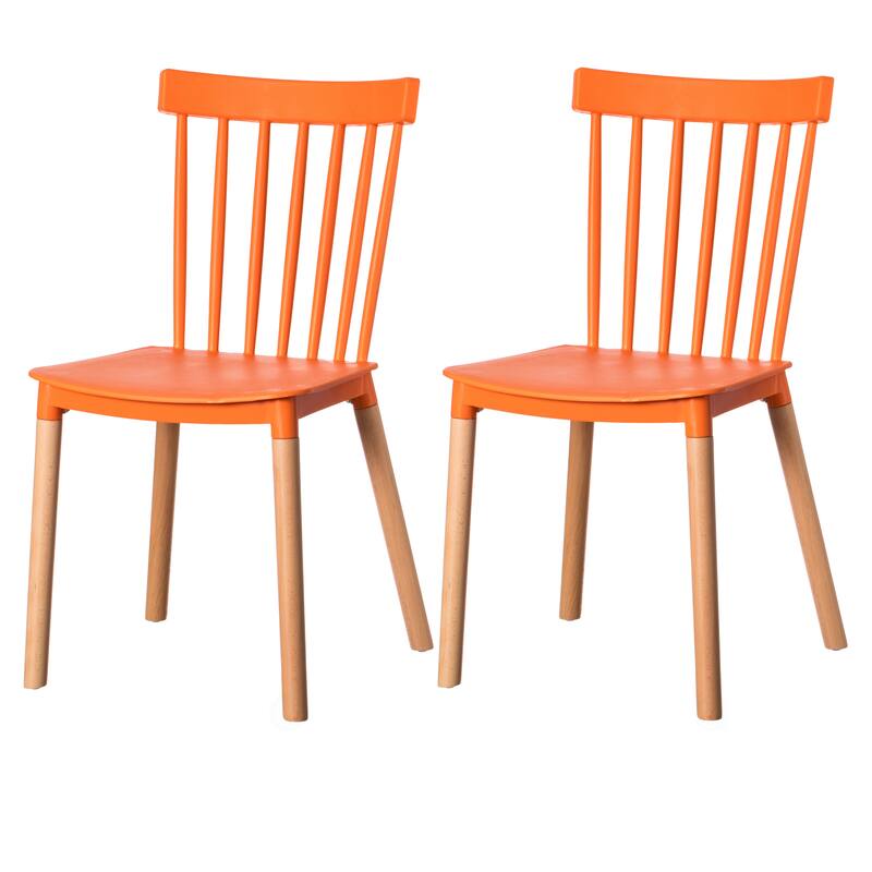 Modern Plastic Dining Chair Windsor Design with Beech Wood Legs - Set of 2 Orange 