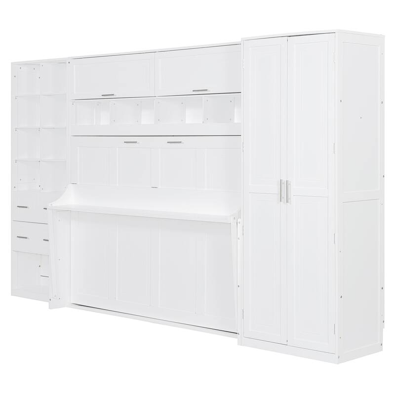 Full Size Wall Bed with Closet, Drawers, and Shelves in White