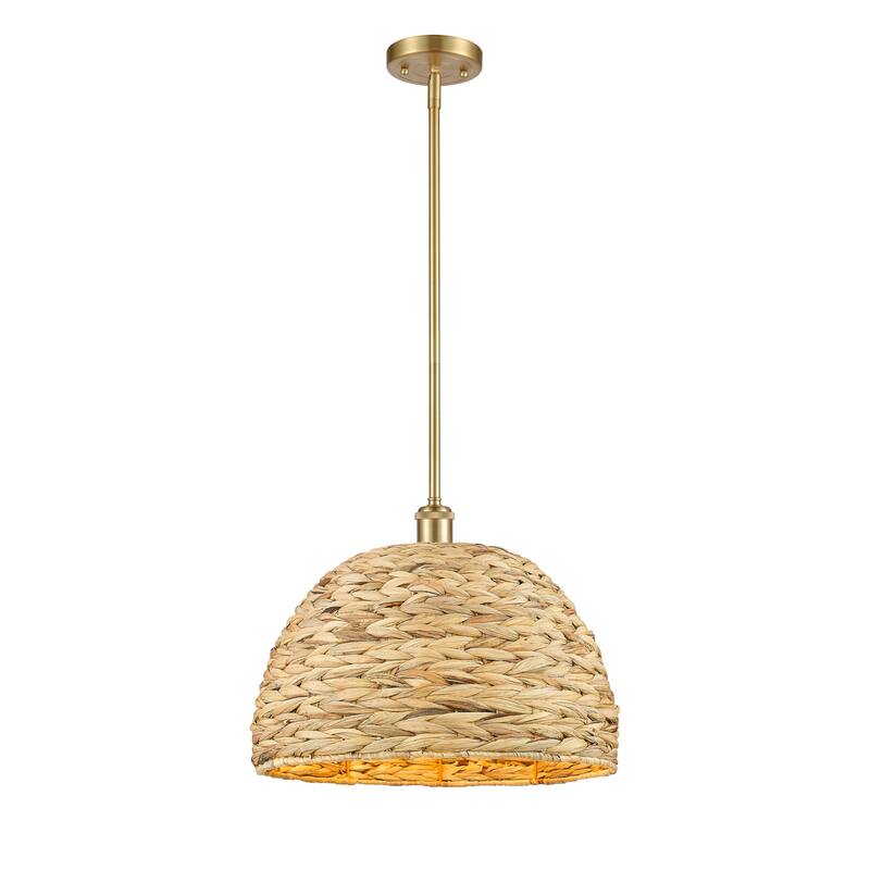 Innovations Lighting Woven Rattan - 1 Light 16" Stem Hung Pendant - Satin Gold/Natural Rattan