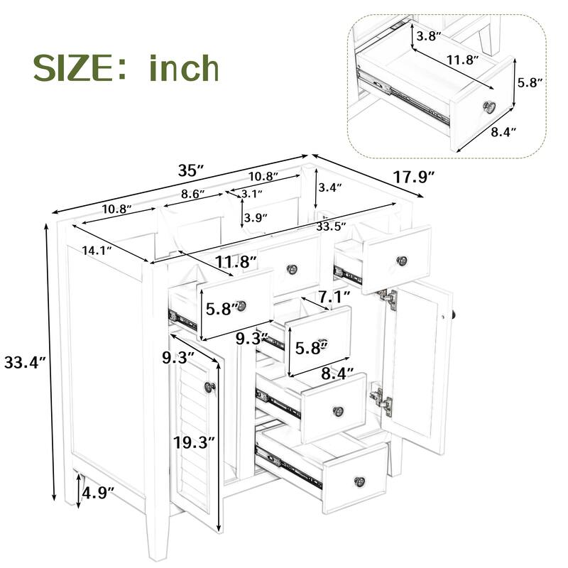 36" Modern Bathroom Vanity Cabinet Base in Grey with Two Cabinets, Five Drawers & Open Storage Shelf, Solid Wood Frame