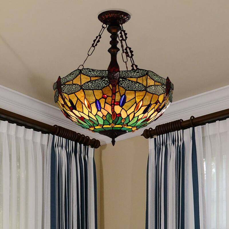 Tiffany-Style Dragonfly Design 3-light Blackish Bronze Hanging Pendant