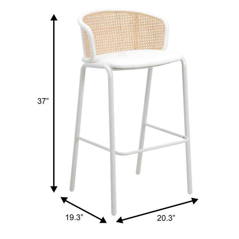 Ervilla Mid-Century Modern Low-Back Wicker Bar Stool with White Powder Coated Steel Frame and Soft Fabric Seat Counter Chair
