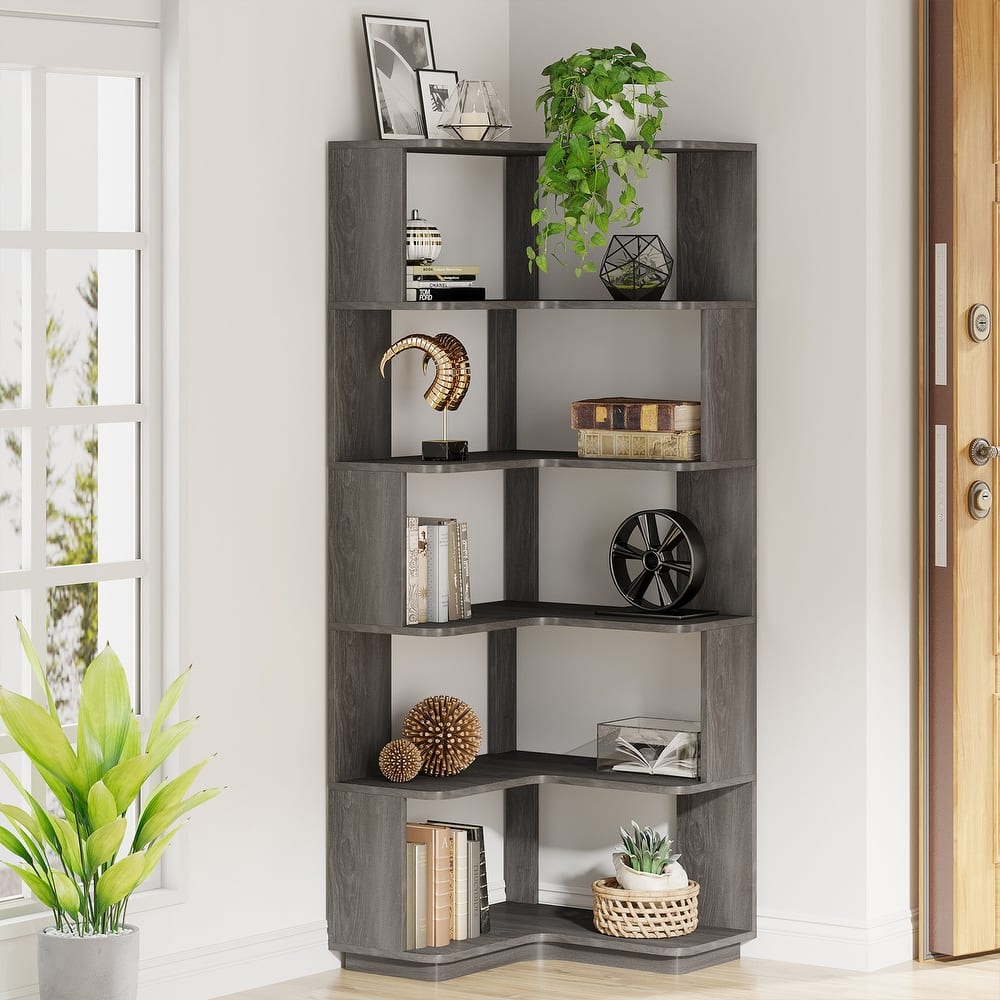 6-Tier Corner Book Shelf, 64.9"Tall Freestanding Wood Industrial Bookcase Bookshelf