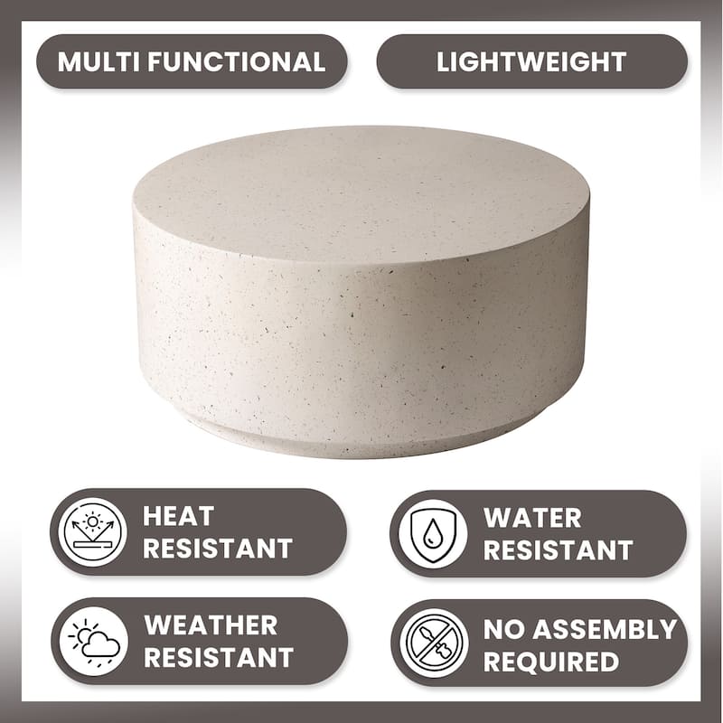 Terra 36-Inch Modern Wide Coffee Side Table in Fiberstone Round Accent Center Table for Indoor and Outdoor Patio Use