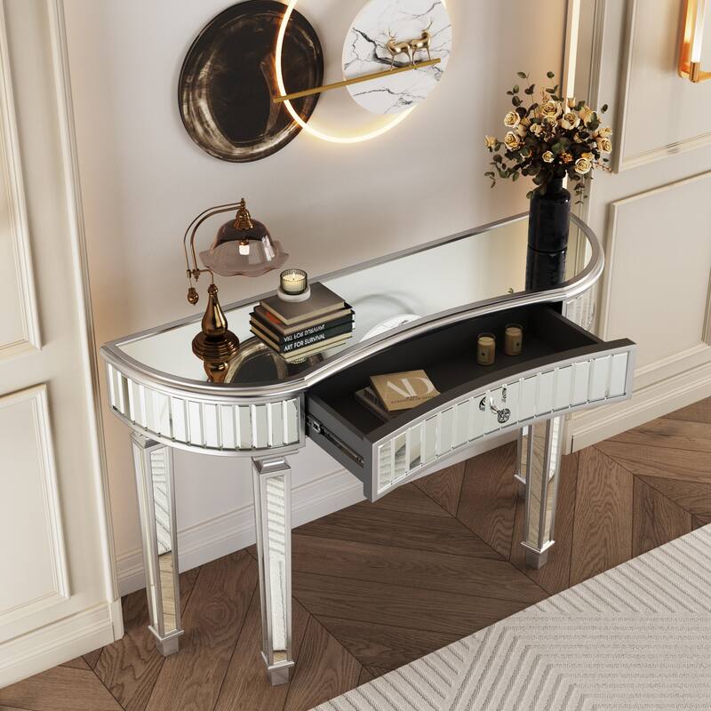 Roomfitters 47" Half-Moon Mirrored Console Table, Fluted Glass Entryway Vanity with Crystal Knob Drawer