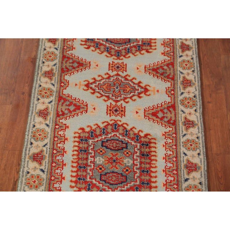 Geometric Viss Indian Runner Rug Hand-Knotted Beige Wool Carpet - 2'6"x 7'11"