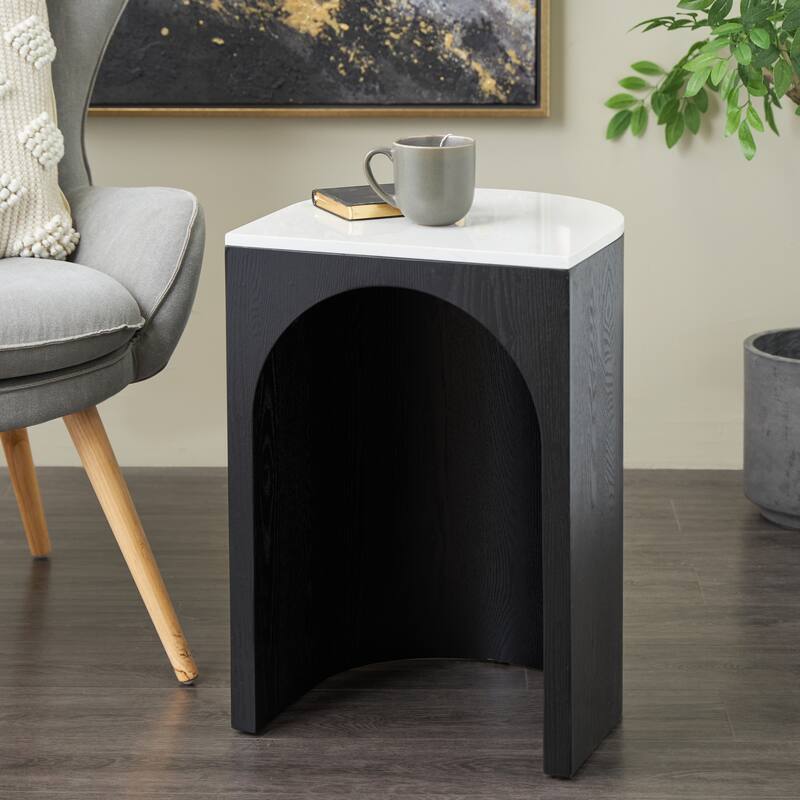 Brown or Black Wood Cutout Arch Side End Accent Table with White Marble Tabletop - Black