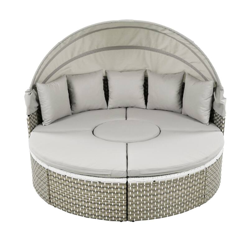 Luxury Round Rattan Daybed Patio Sofa Set with Retractable Canopy, Ottoman, Adjustable Table & Cushions