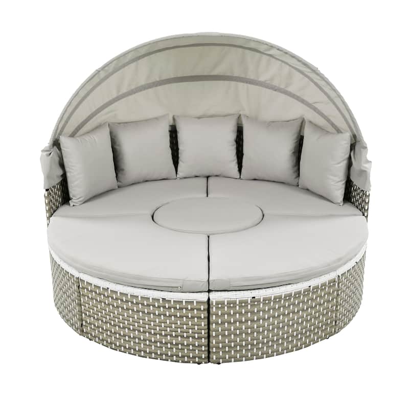 Patio Furniture, Round Outdoor Sectional Sofa Set, Rattan Daybed with Retractable Canopy, Removable Cushion