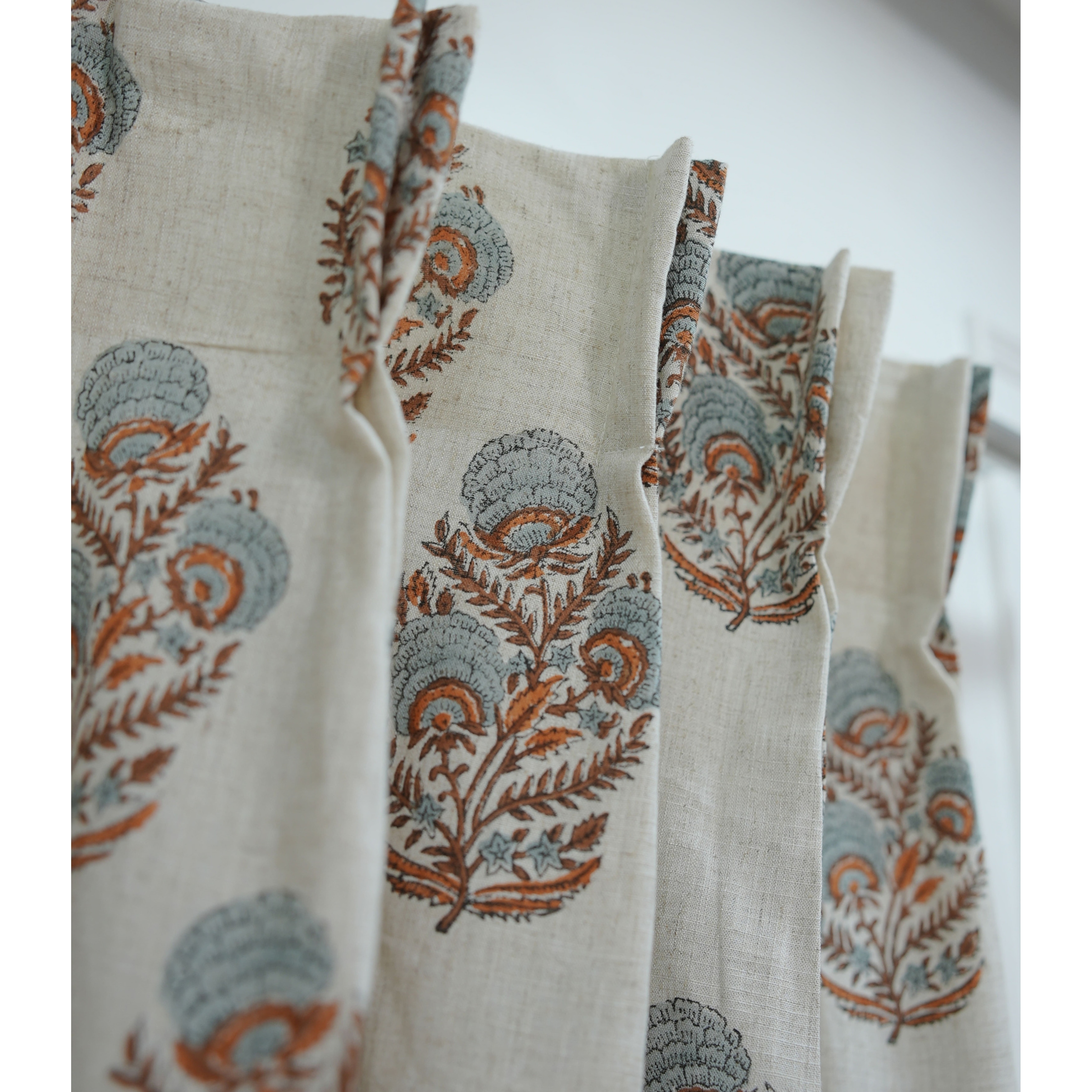 Fabdivine Pleated Curtain Linen Block Print Drapery Panel Green Floral Window Treatment Bohemian Farmhouse Décor, Mohini