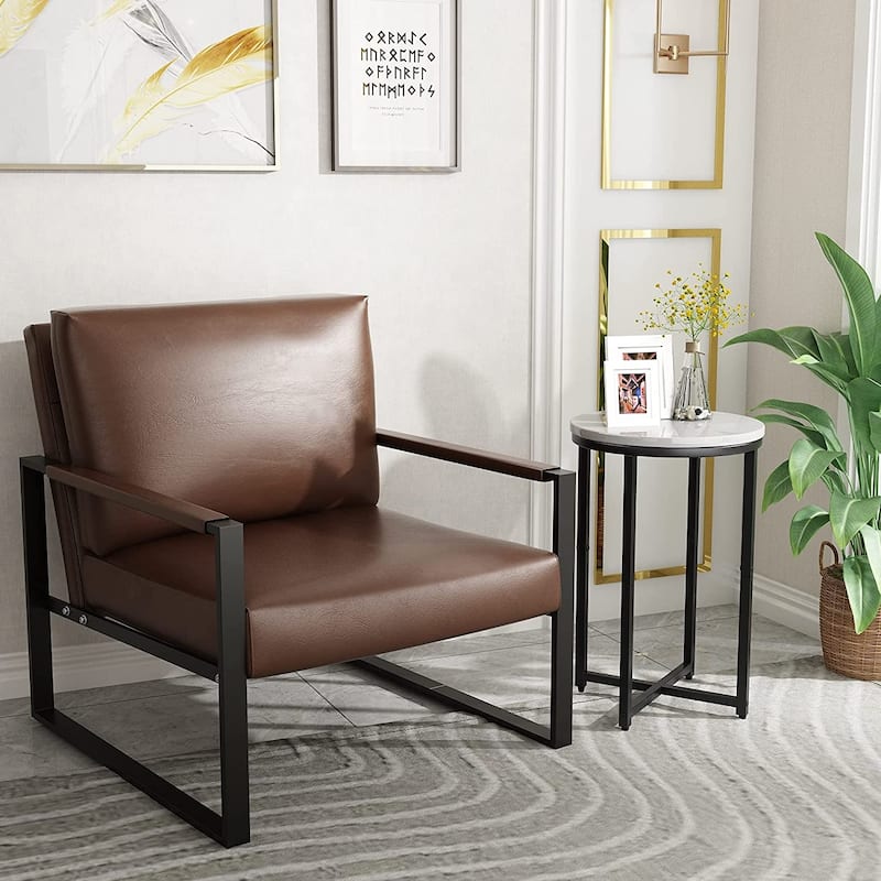 Mieres Mid-Century Style Faux Leather PU Accent Chair, Armchair with Steel Frame