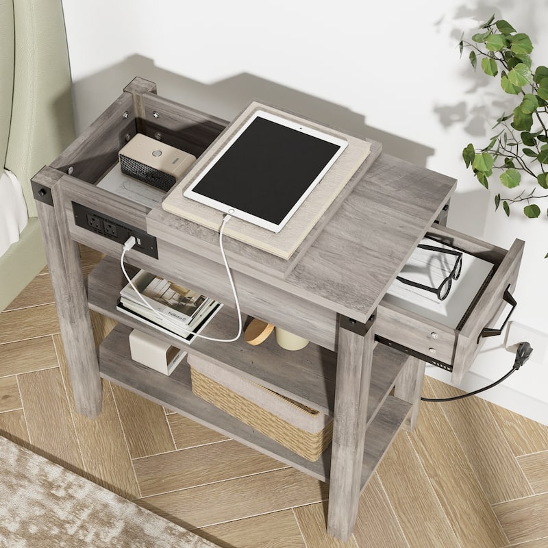 Farmhouse Narrow Side Table with Charging Station Drawer and Storage