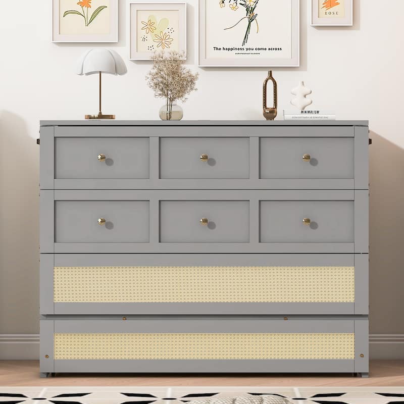 Convertible Foldable Murphy Bed Full Size Wall Cabinet Bed with Storage Drawers, Golden Handles and Rattan Weaving Accents - Grey - Full