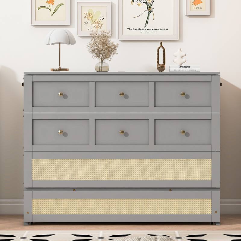 Grey Murphy Bed with Drawer, Rattan Patterned Full Size Bed