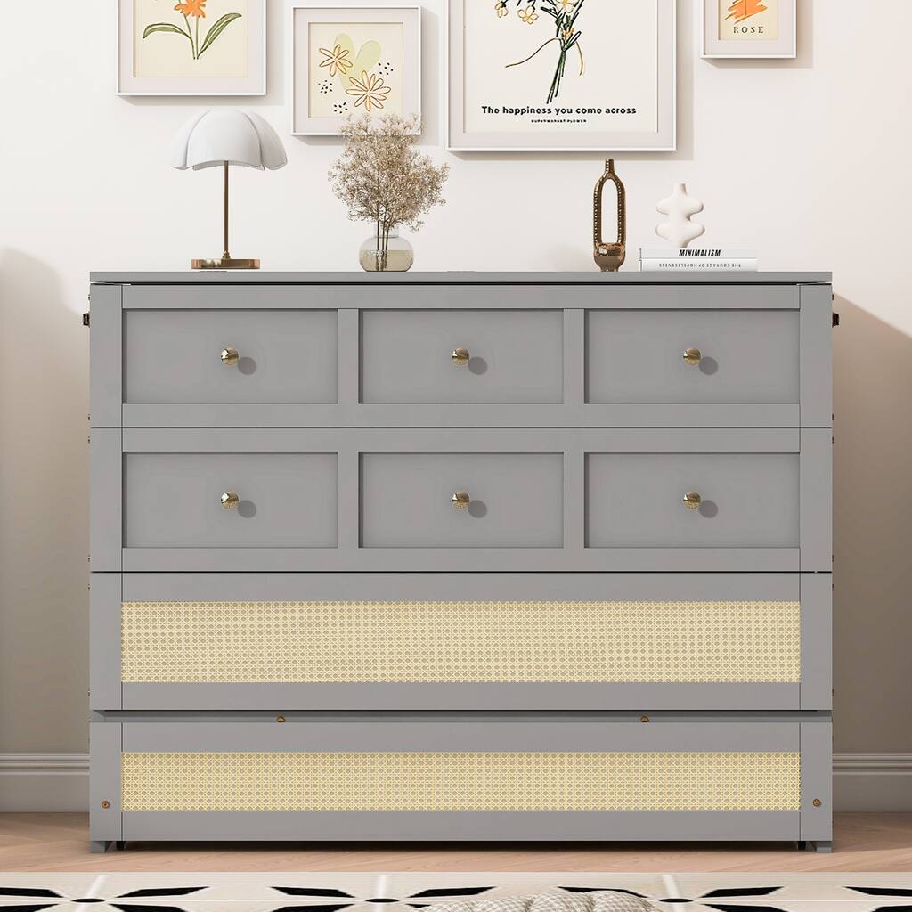 Roomfitters Full Size Murphy Bed with Large Storage Drawer and Rattan Design