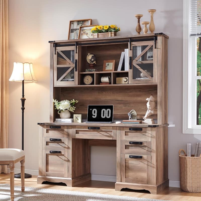 Farmhouse Desk, Wood Home Office Executive Desk with Charging Station - Rustic Natural Oak