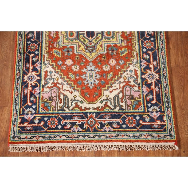 Geometric Heriz-Serapi Accent Rug Handmade Orange Wool Carpet - 3'0"x 5'7"