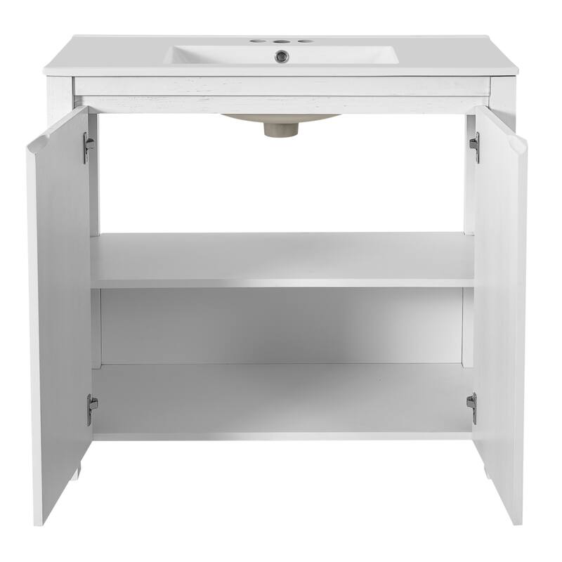 36" Bathroom Vanity with Ceramic Sink, Solid Wood Frame Bathroom Storage Cabinet