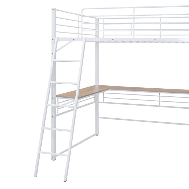 Metal Loft Bed with 3 Layers of Shelves and L-shaped Desk