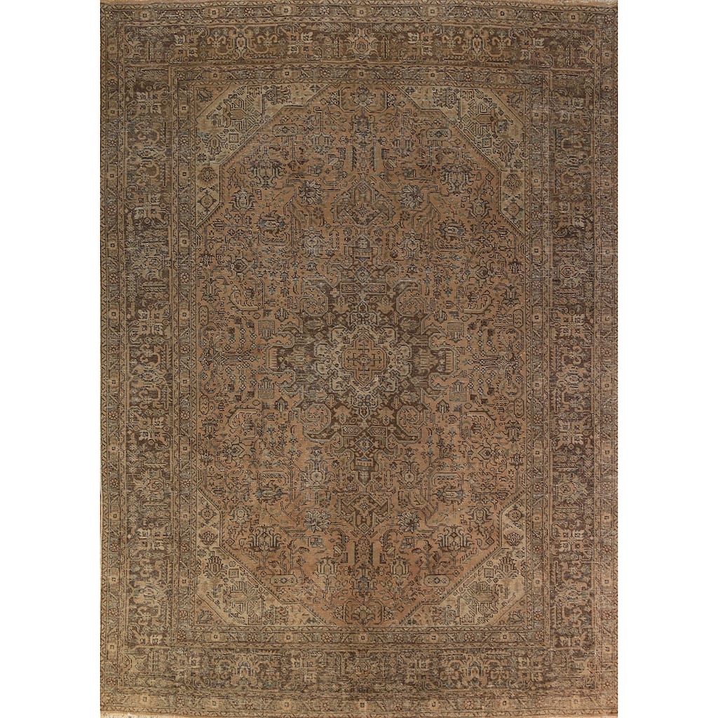 Geometric Tabriz Persian Vintage Rug Handmade Orange Wool Carpet - 9'6" x 12'9"