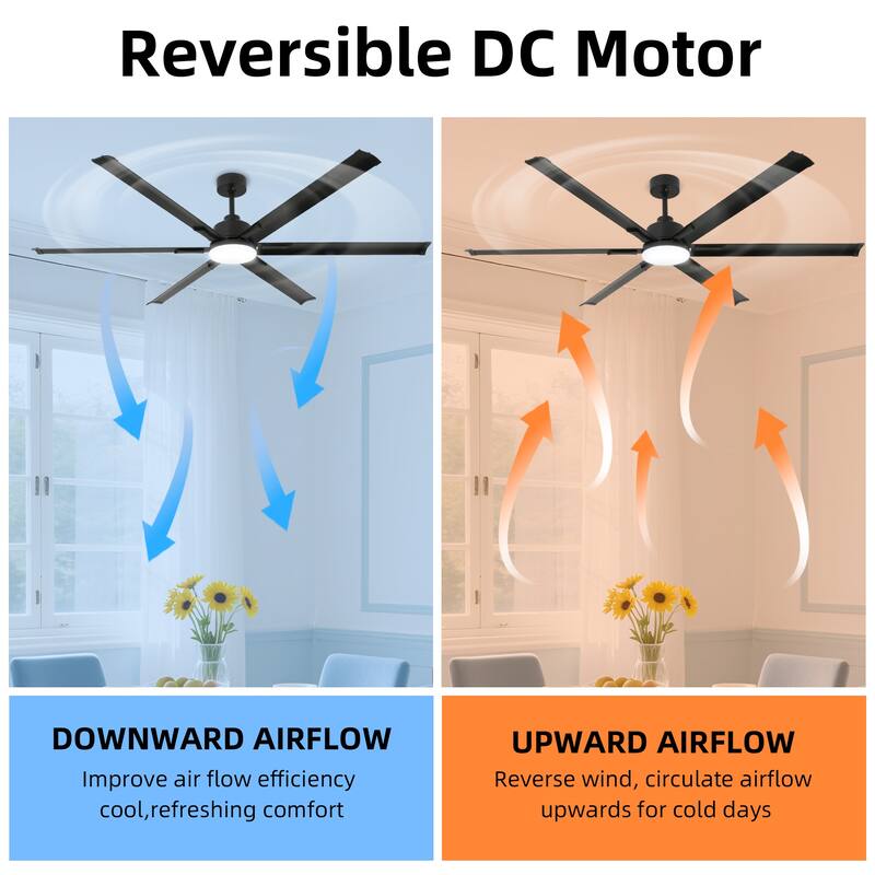 60"/72"/84" Black Modern Downrod Mount Ceiling Fan with LED Light, 6 Aluminum Blades, DC Motor, 6 Speed Reversible