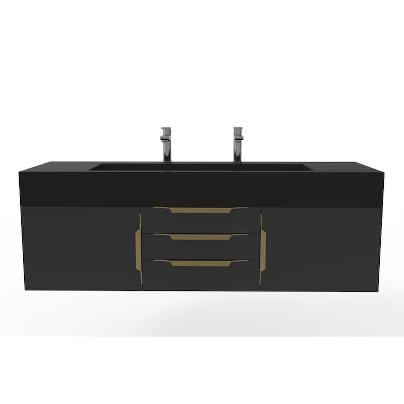 Nile 60" Wall Mounted Bathroom Vanity Set w/ Black Top