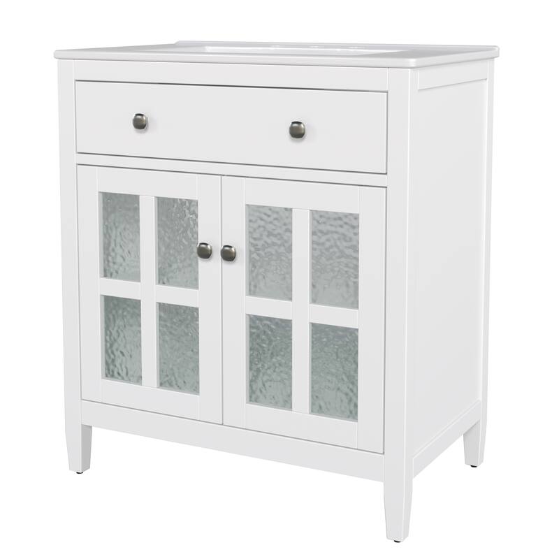 30" Storage Cabinet with Glass Doors, Bathroom Vanity with Ceramic Sink, Adjustable Shelf, Tip-Out Tray and Silver Metal Knobs