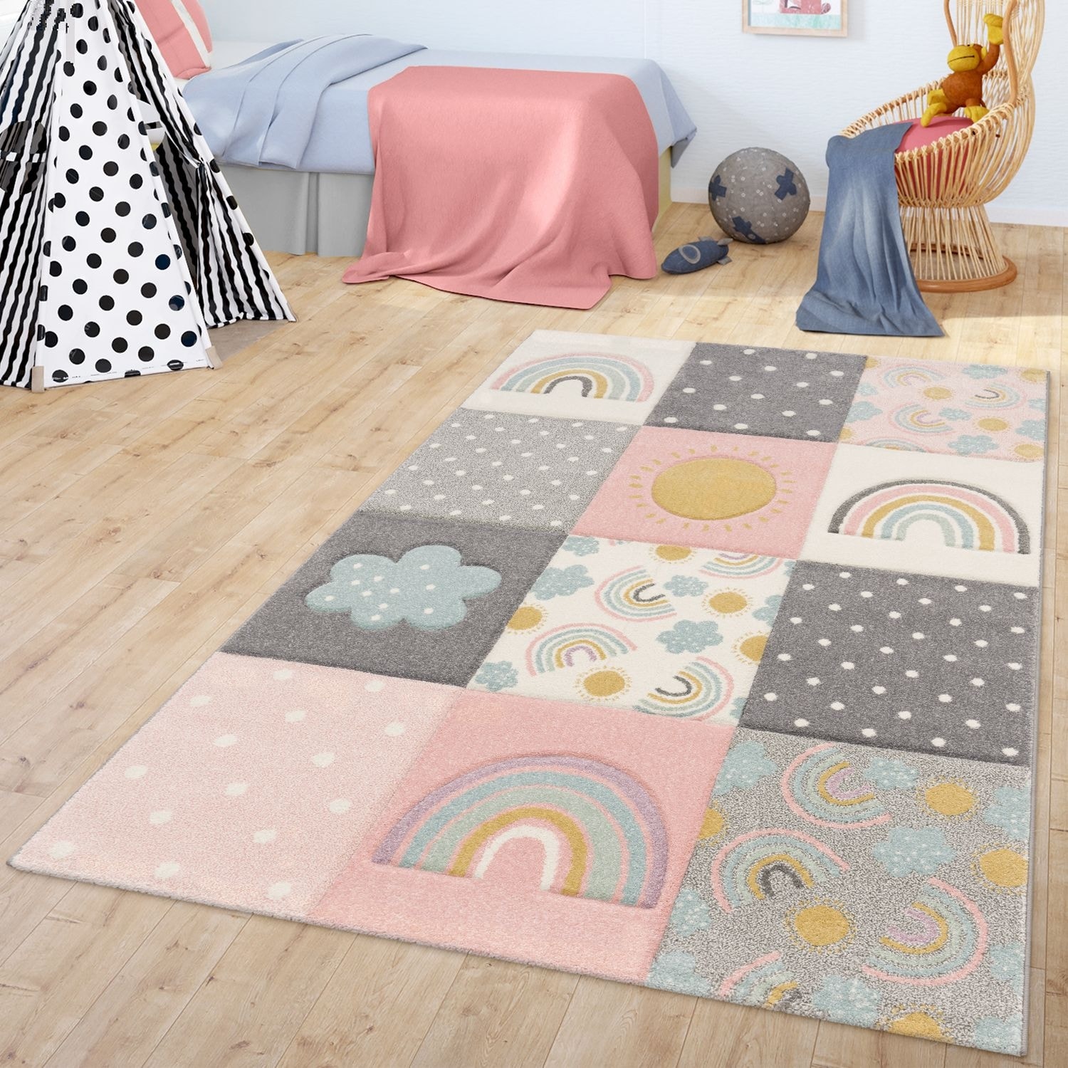 Colorful Kids Rug for Girls Room with Rainbows & Clouds in Pink