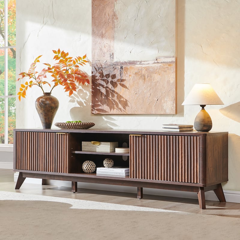 70" Modern Fluted TV Stand for Living Room, Wood Entertainment Center - Walnut