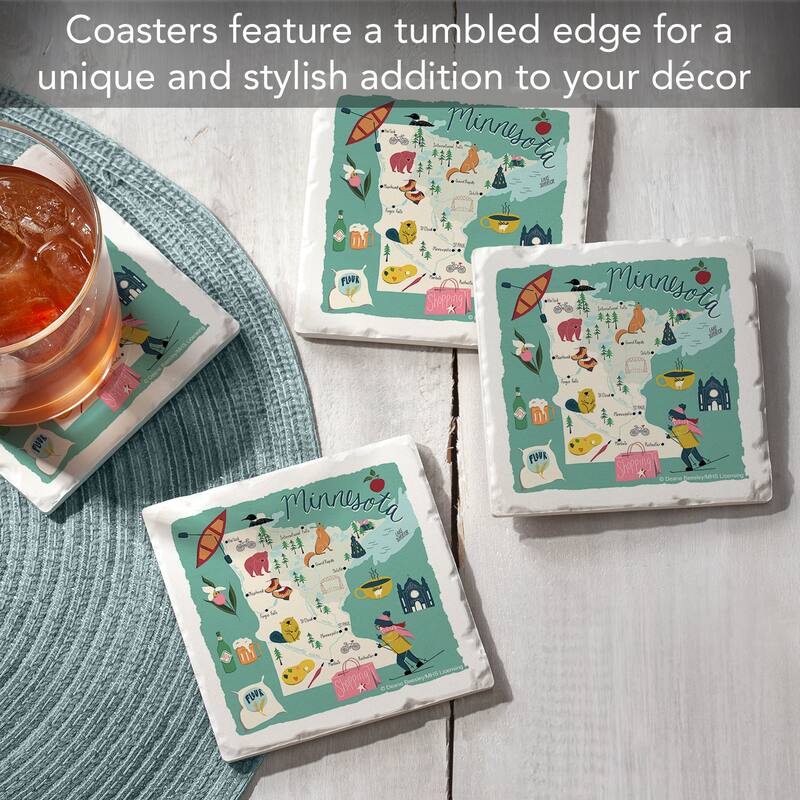 Minnesota Home 4-Pack Absorbent Stone Coasters with Protective Cork Backing 4" Square Made in The USA Easily Wipes Clean