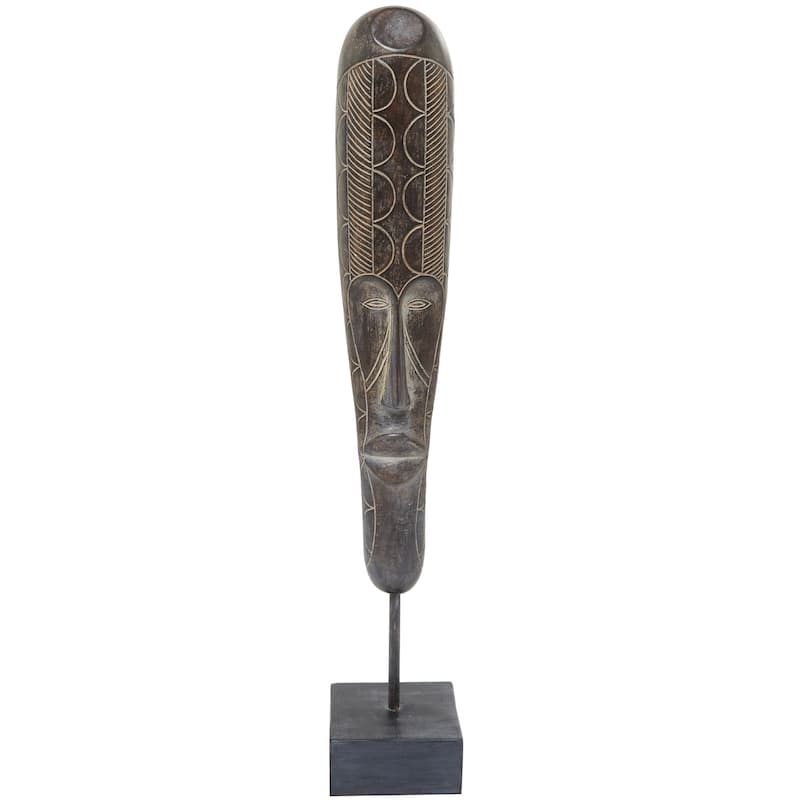 Polystone Mask Slim African Tribal Sculpture with Cream Geometric Carvings - Brown - Roche River Decor - 4"W x 4"L x 24"H