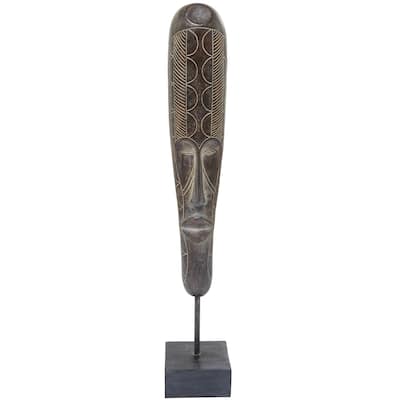 Polystone Mask Slim African Tribal Sculpture with Cream Geometric Carvings - Brown - Roche River Decor - 4"W x 4"L x 24"H