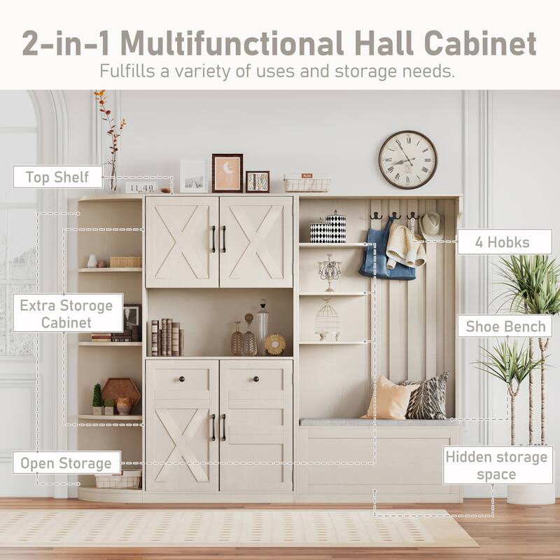 2-in-1 Hall Tree & Storage Cabinet for Living Room, Multifunctional Left-Right Combination Hall Cabinet with Bench and 4 Hooks