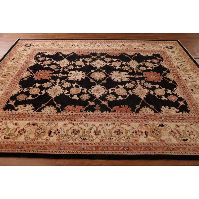 Hand Knotted Oriental 100% Wool Carpet Traditional All-Over Black Peshawar Area Rug - 10' 0'' X 7' 10''