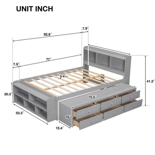 dimension image slide 1 of 3, Full Size Wood Platform Bed with Bookcase Headboard and 6 Drawers