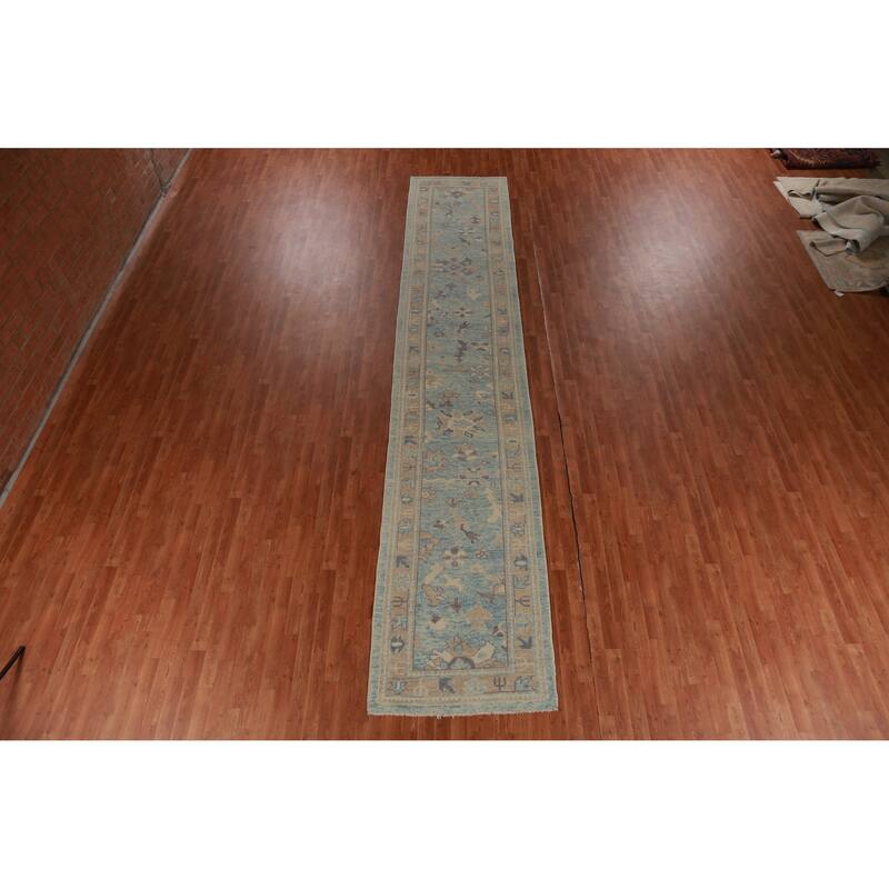 Hand Knotted Oriental 100% Wool Carpet Transitional Floral Navy Blue & Blues Oushak Runner Rug - 17' 2'' X 3' 4''