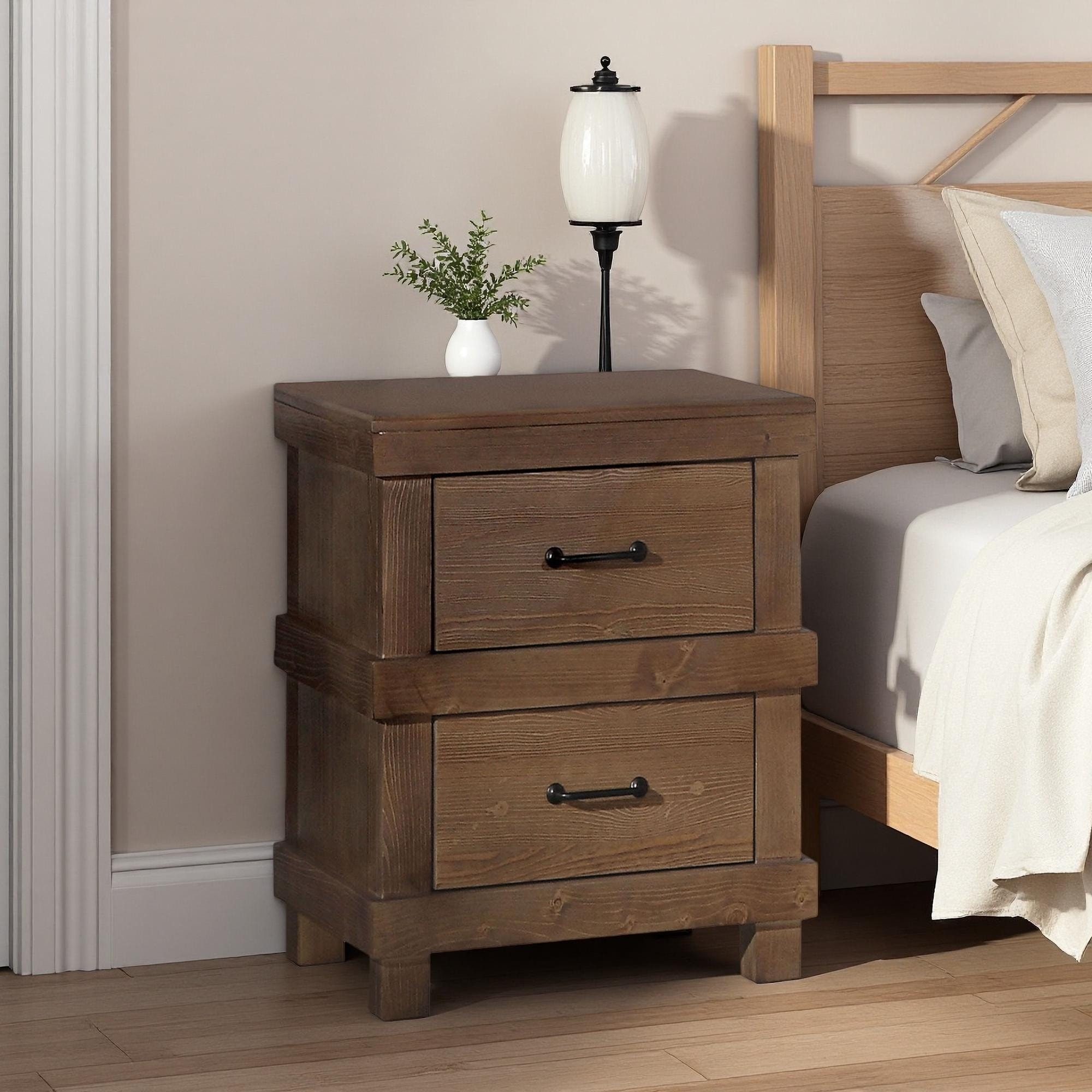 20.5"L Pine Farmhouse Nightstand with 2 Drawers, Felt-Lined Top Drawer, Rustic Design, Bedside Storage & Durable Construction