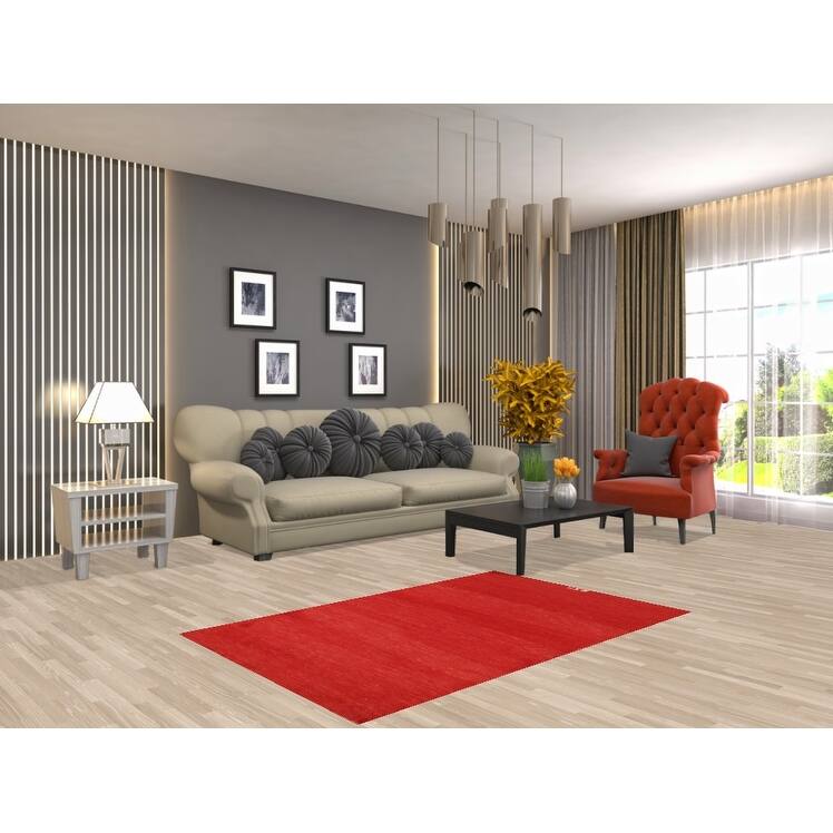 Modern Red Gabbeh Oriental Rug Hand-Knotted Wool Carpet - 3'1" x 4'10"