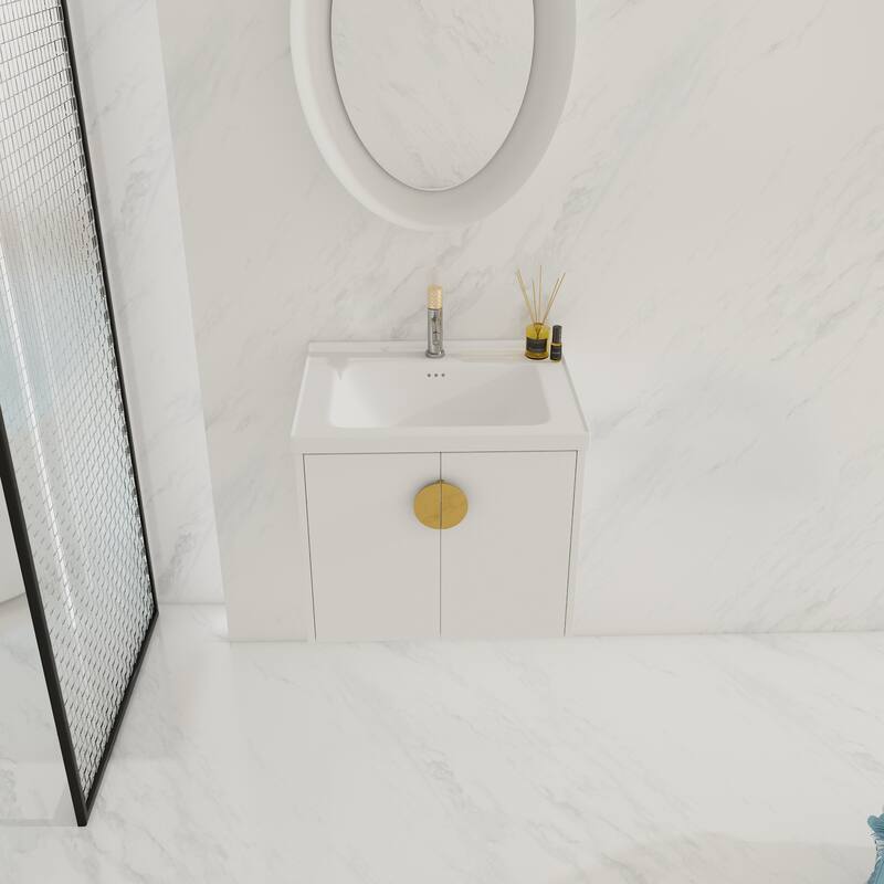 Wall-Mounted Bathroom Vanity with Ceramic Basin, Soft-Close Doors, and Customizable Metal Handles