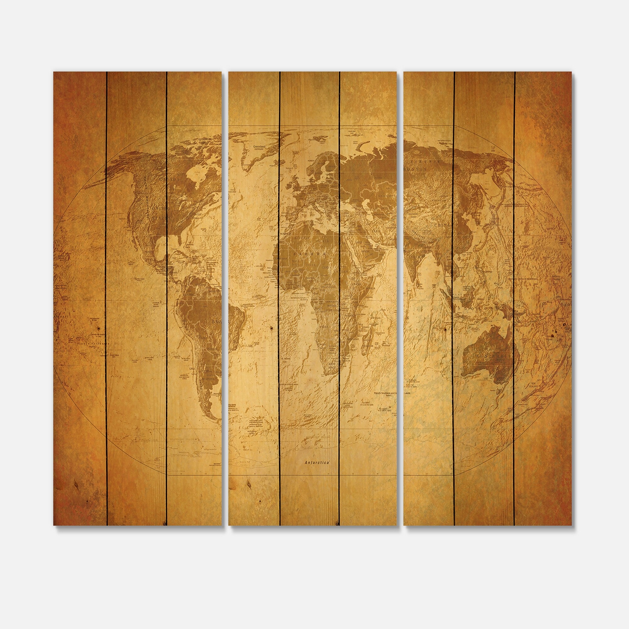 Designart 'Ancient Map of The World X' Vintage Print on Natural Pine Wood - 3-image