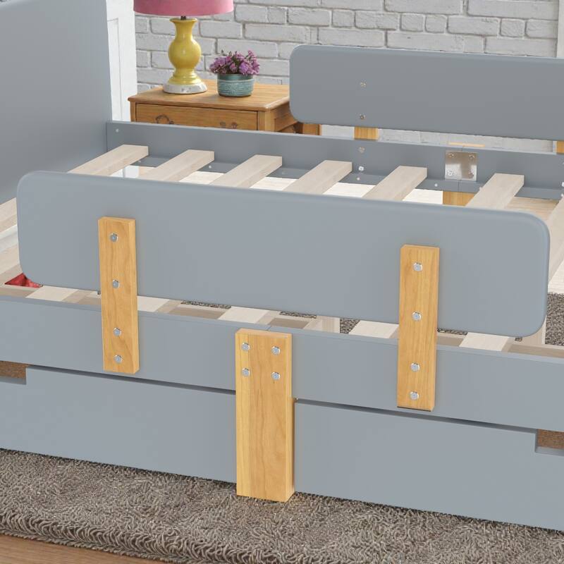 Twin/Full Wood Platform Bed with Storage Drawers, Guardrail, Shelf & Hooks, Solid Wood Frame, No Box Spring Needed