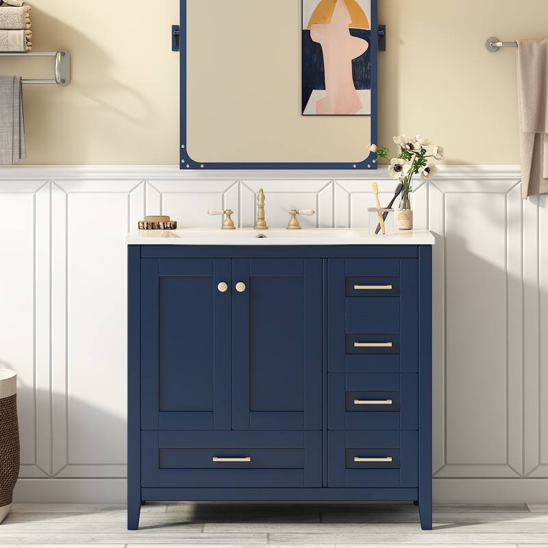 Roomfitters 36" Vanity with Ceramic Sink, Modern Cabinet with 4 Drawers, Solid Wood Feet, Freestanding Bathroom Set, Blue