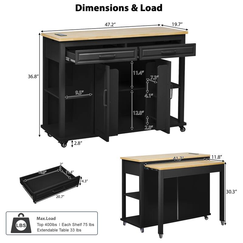 Kitchen Island with Extendable Dining Table,Rubber Wood Veneer Kitchen Table with Internal Storage Rack,Power Outlet - N/A