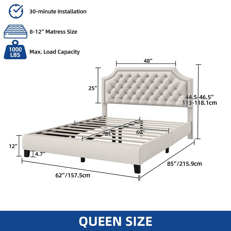 Moasis Linen Upholstered Platform Bed Velvet Bed Frame with Adjustable Headboard
