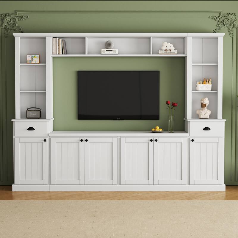 Modern Wall Unit Set for TVs Up to 75" with Adjustable Bridge & Ample Storage - Includes Bookcase, Wine Rack & Display Case